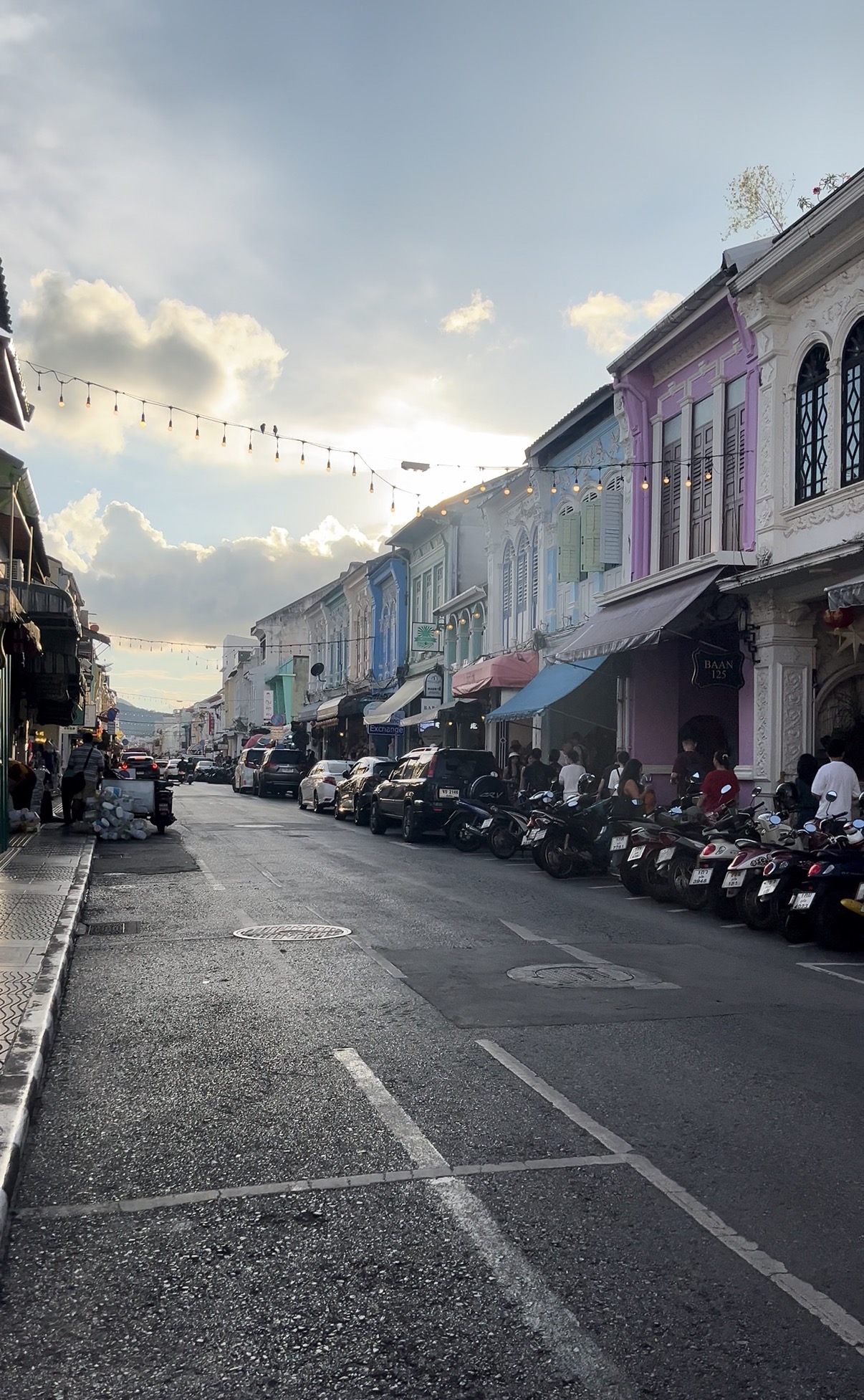 Colorful Sino-Portuguese shophouses on a street in Phuket Old Town