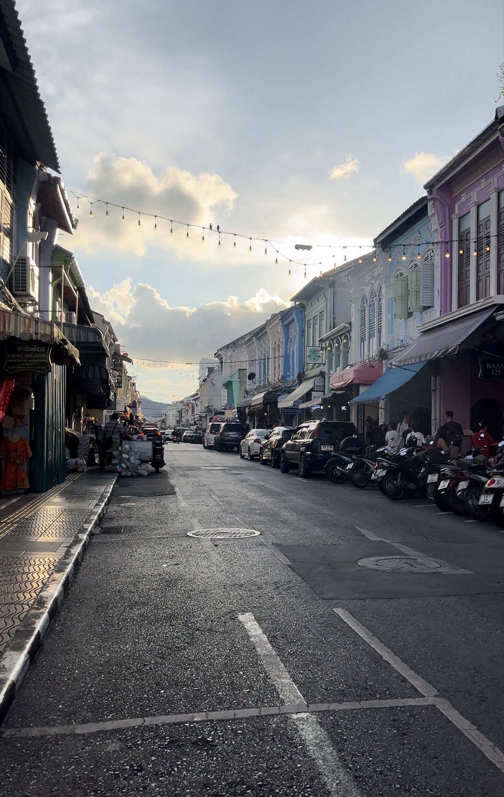 String lights over a Sino-Portuguese street in Phuket Old Town at dusk