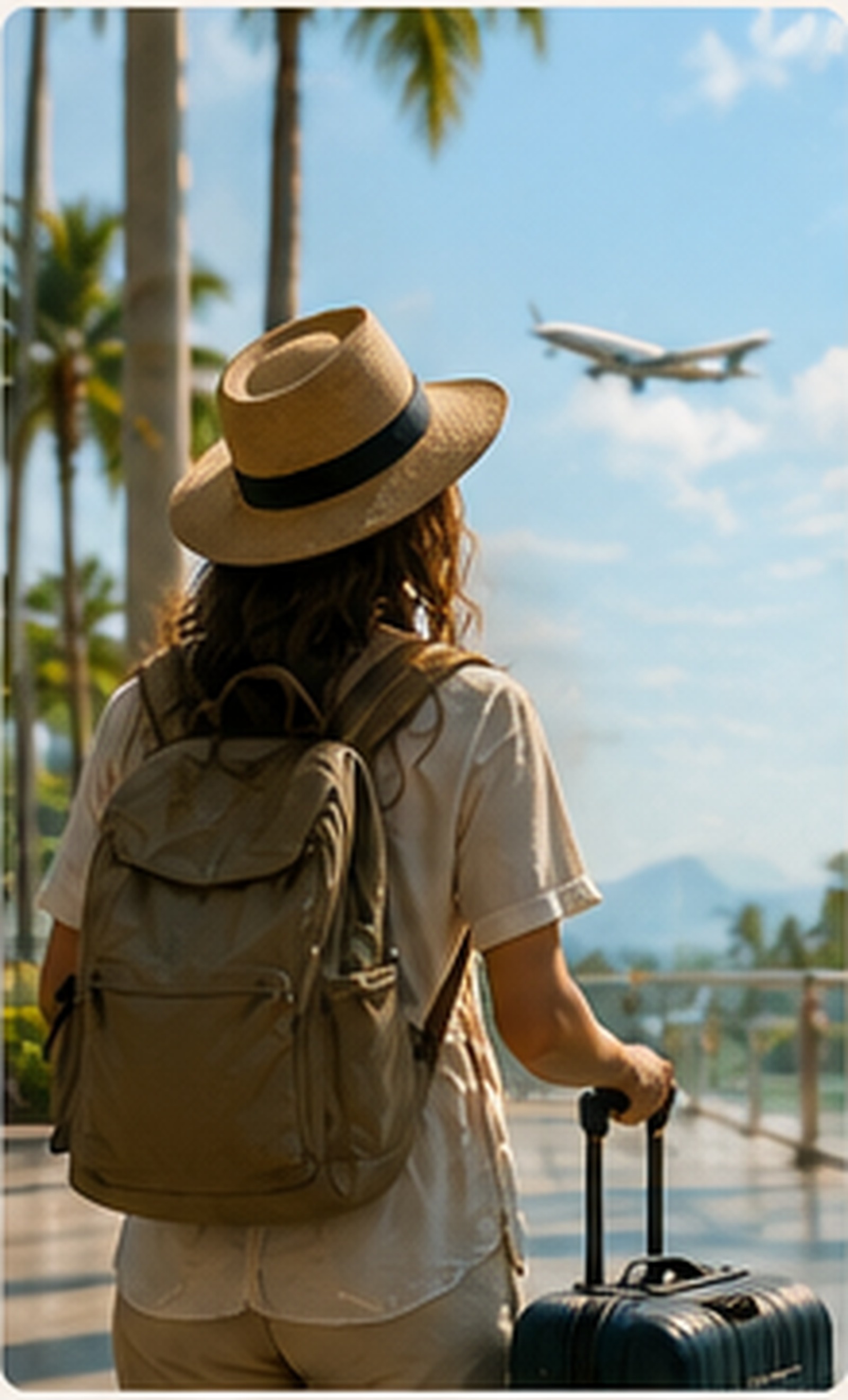 Traveller with a hat and backpack watching a plane arrive, standing among palm trees