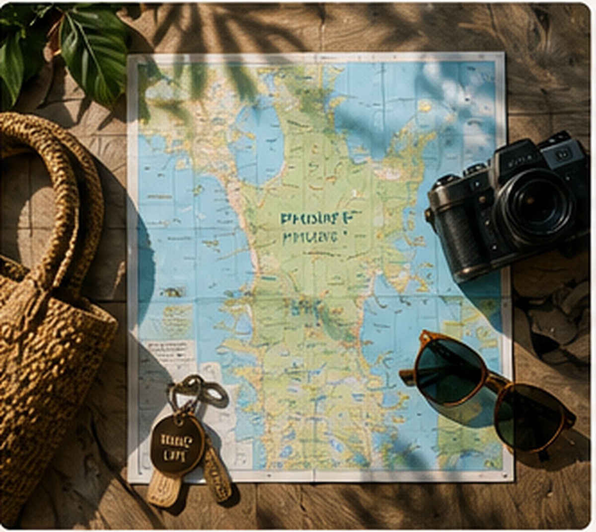 Flat lay of a Phuket map, sunglasses, camera and straw bag on a sunlit table