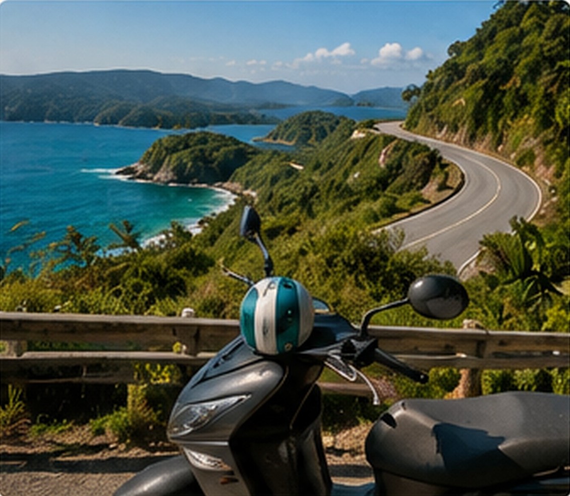 Scooter parked at a coastal viewpoint overlooking Phuket's winding coastal road and a turquoise bay