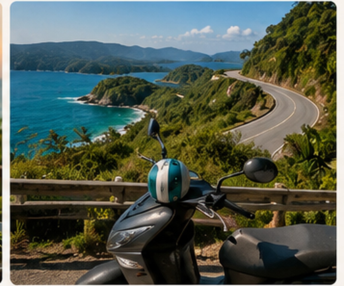 Scooter parked at a coastal viewpoint overlooking Phuket's winding coastal road and a turquoise bay