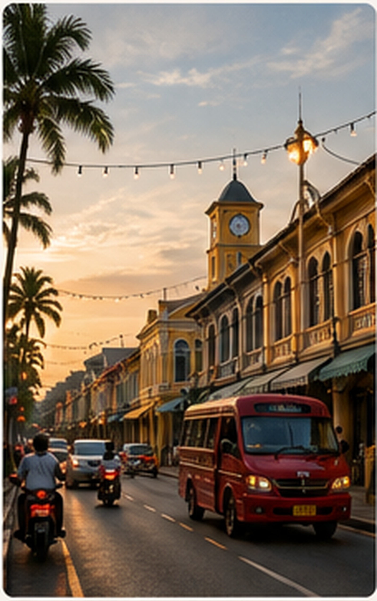 Sunset street scene in Phuket Old Town with a songthaew bus and scooters passing colonial-era shophouses