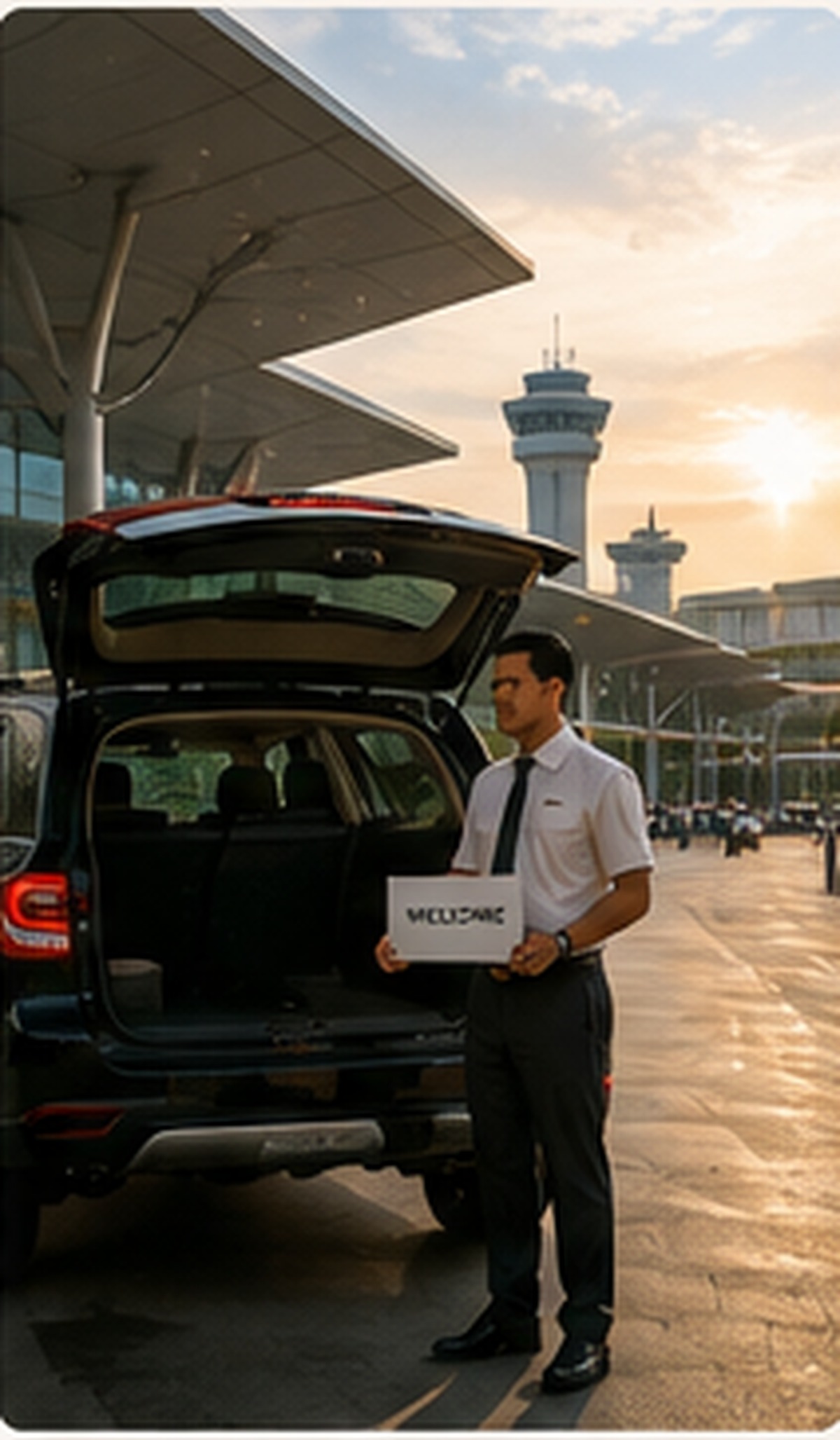 Driver holding a welcome sign beside an open car boot at Phuket International Airport arrivals
