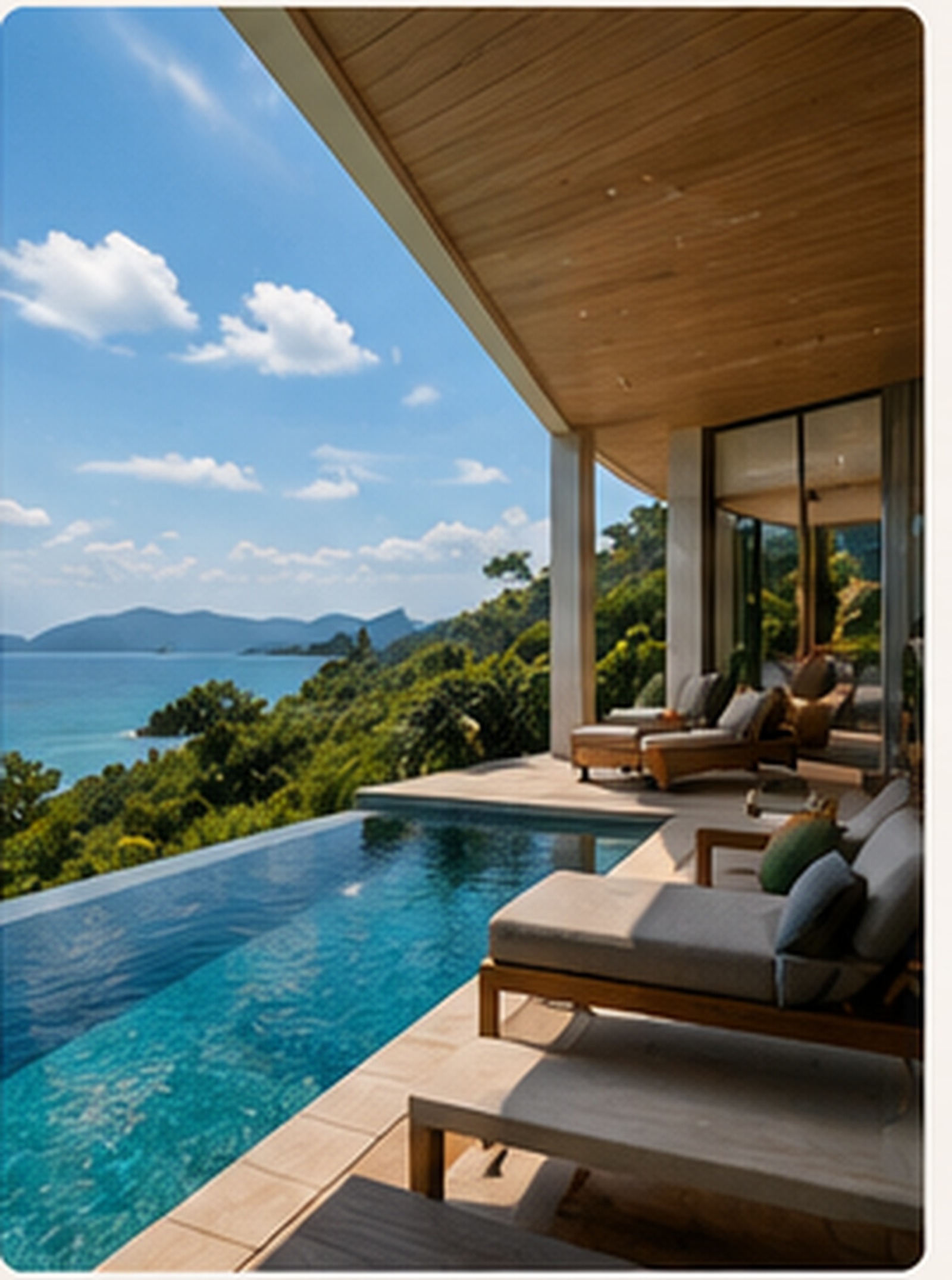 Villa infinity pool overlooking the forested coastline and sea in Phuket