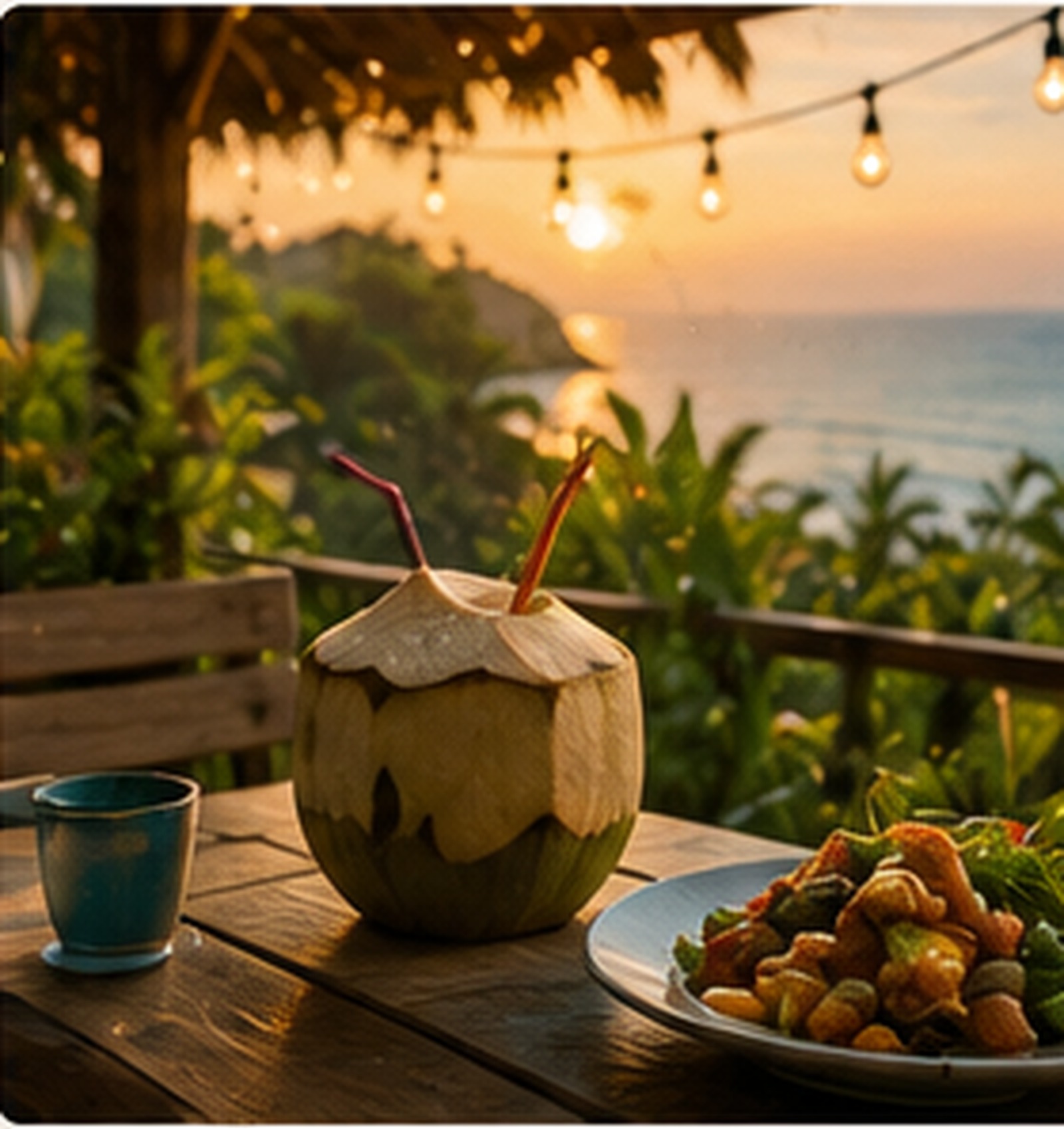 Beachfront dinner table with a fresh coconut drink and string lights at sunset over the sea
