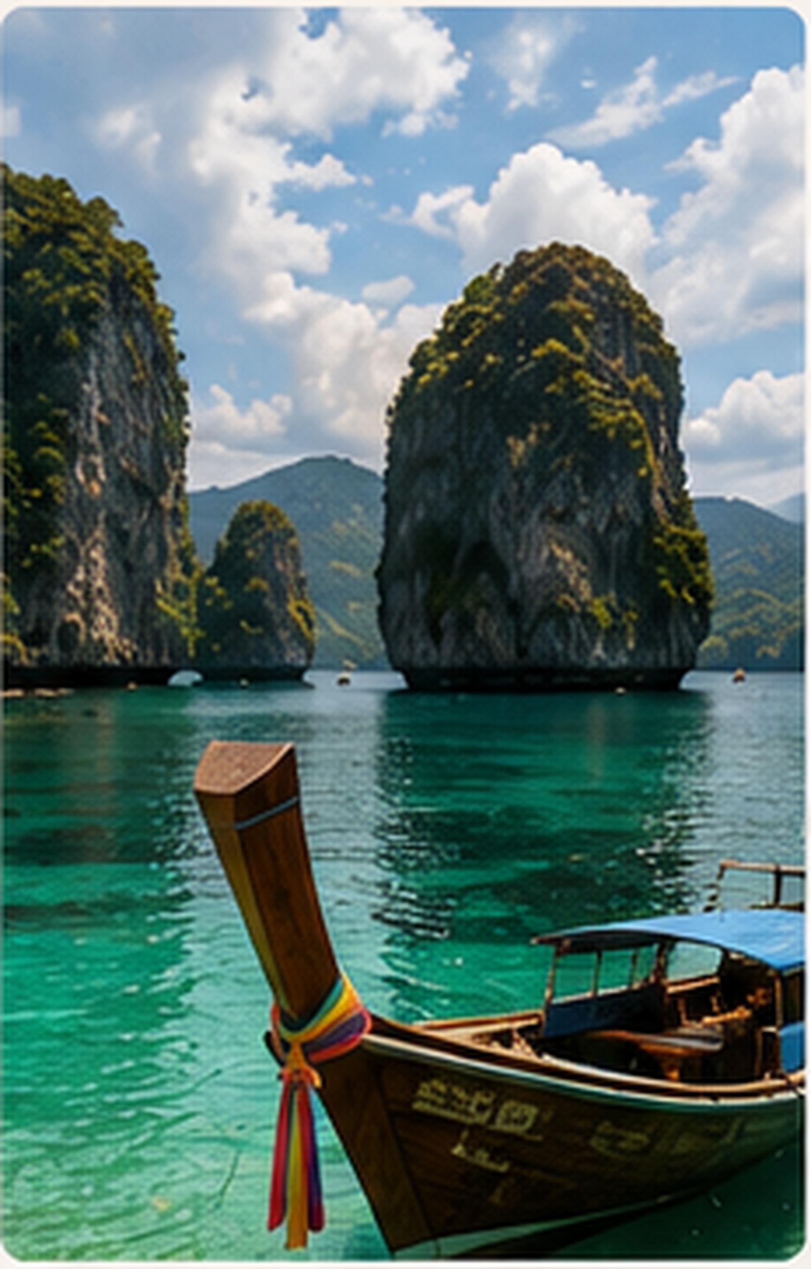 Traditional long-tail boat anchored beside limestone island cliffs in the Andaman Sea