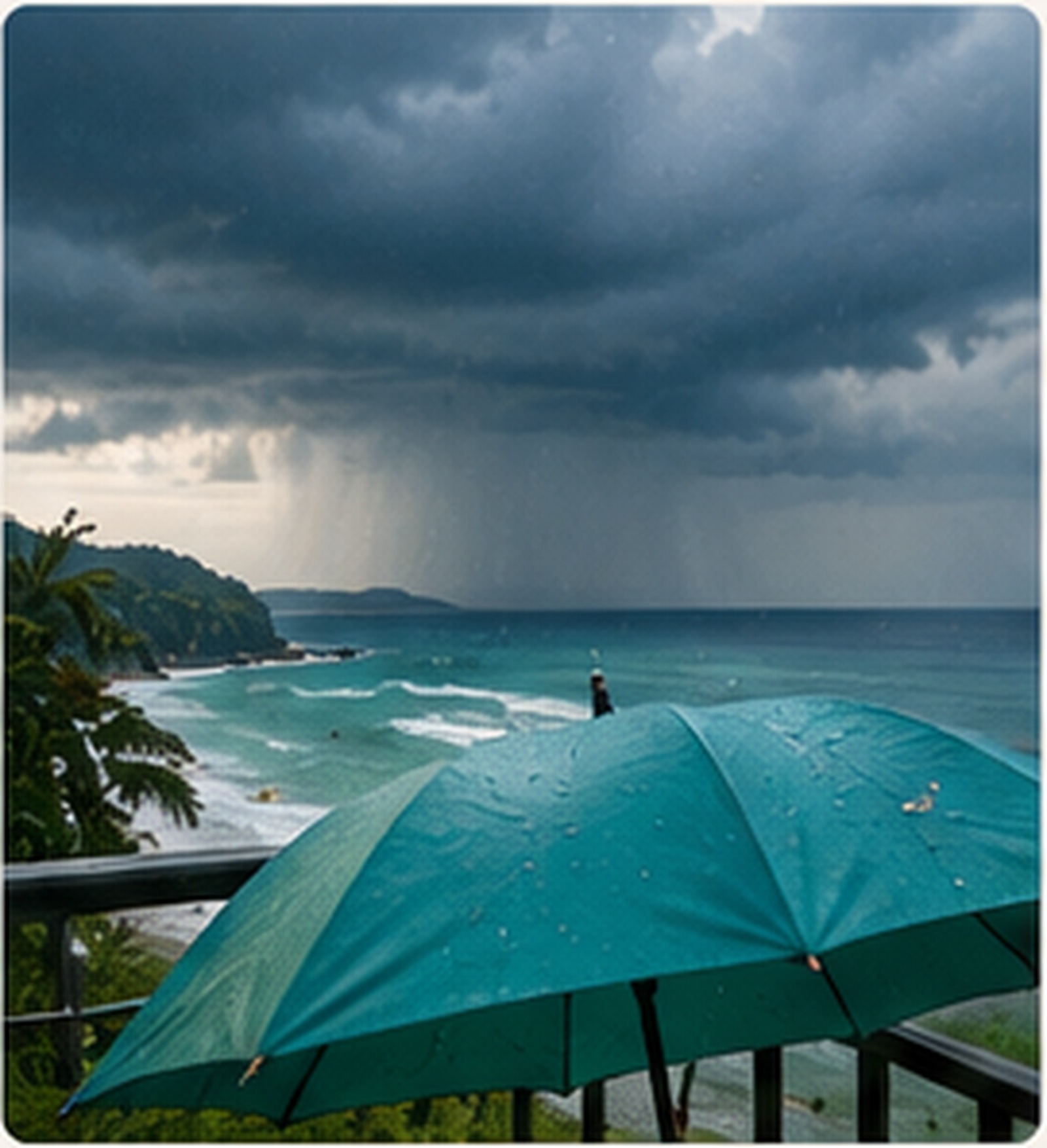 Dramatic storm clouds and rain over the sea off a Phuket beach, seen past a rain-covered umbrella