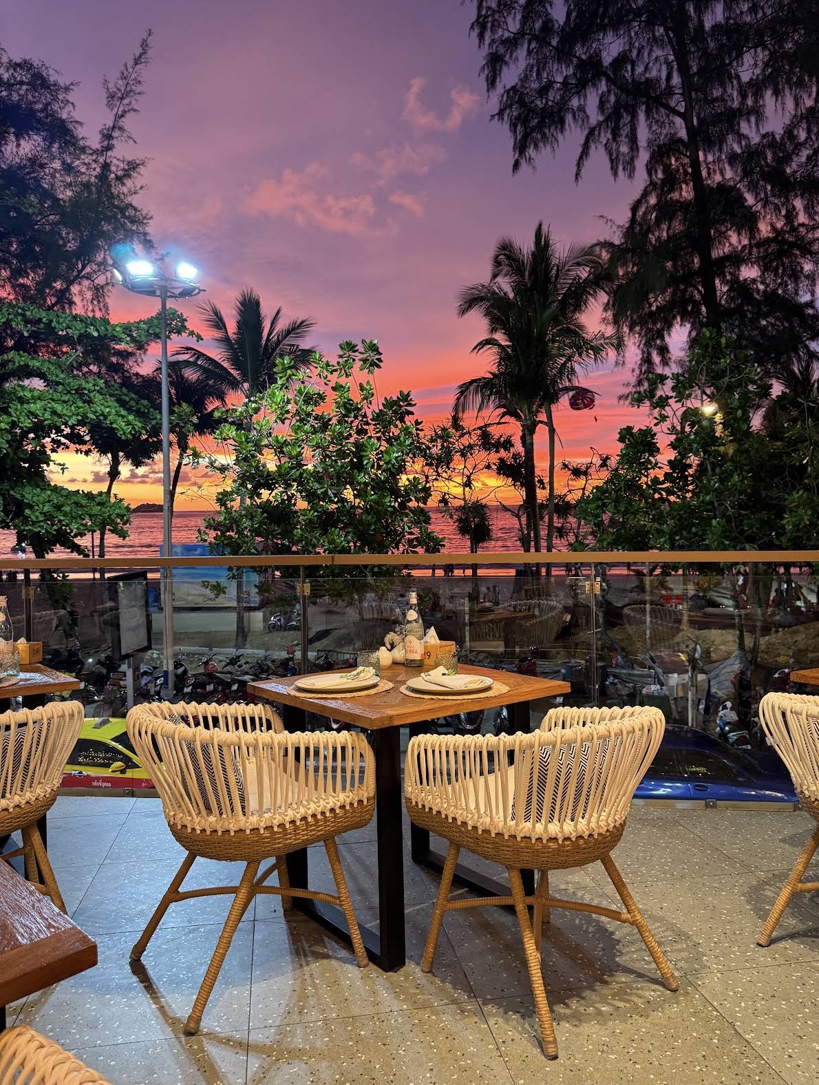 Zuri restaurant beachfront terrace at sunset, Patong Beach